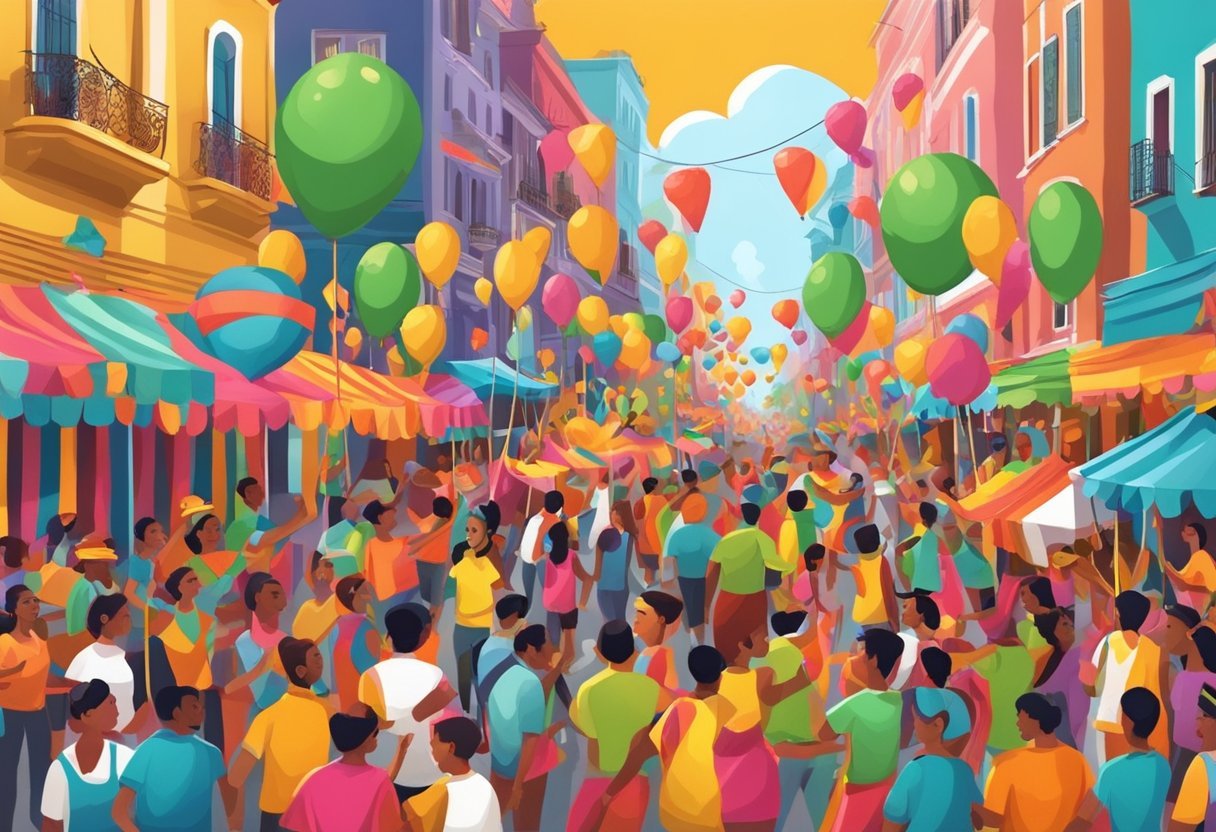 A colorful carnival procession with vibrant floats, dancers, and musicians parading through the streets of a Latin American city