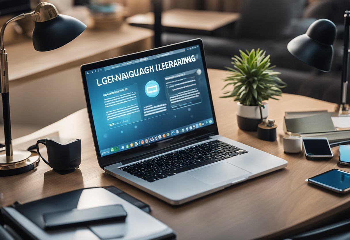 An open laptop displaying language learning websites, surrounded by various tech devices and accessibility tools