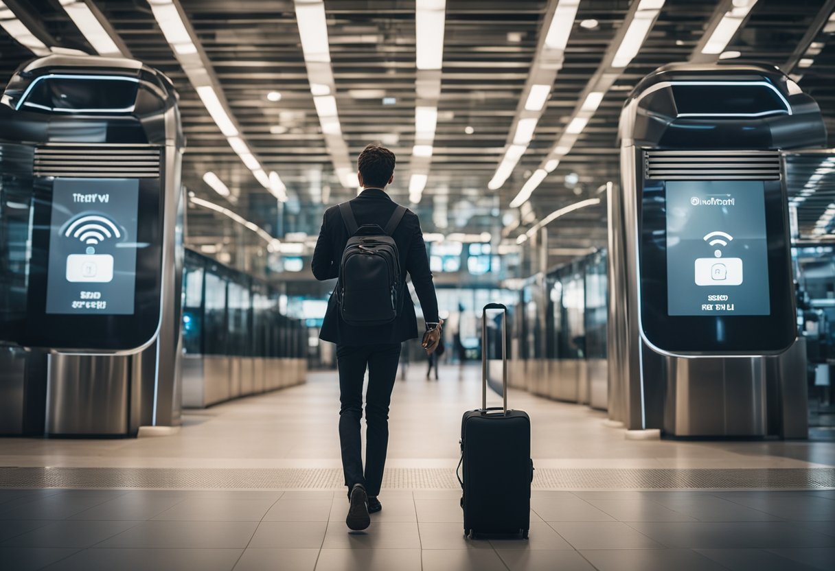 A traveler confidently connects to a secure public Wi-Fi network while on the go, ensuring safe internet access during their journey